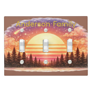 Retro Sunset in Forest Custom Family Name Light Switch Cover