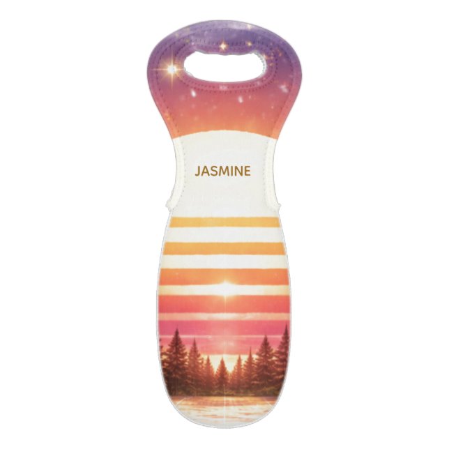 Retro Sunset in Forest Custom Family Name Wine Bag (Front Flat)