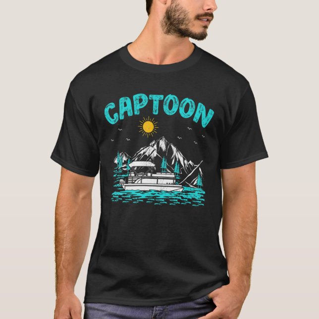 Retro Sunset Lake Boating Captoon Pontoon Captain T-Shirt (Front)