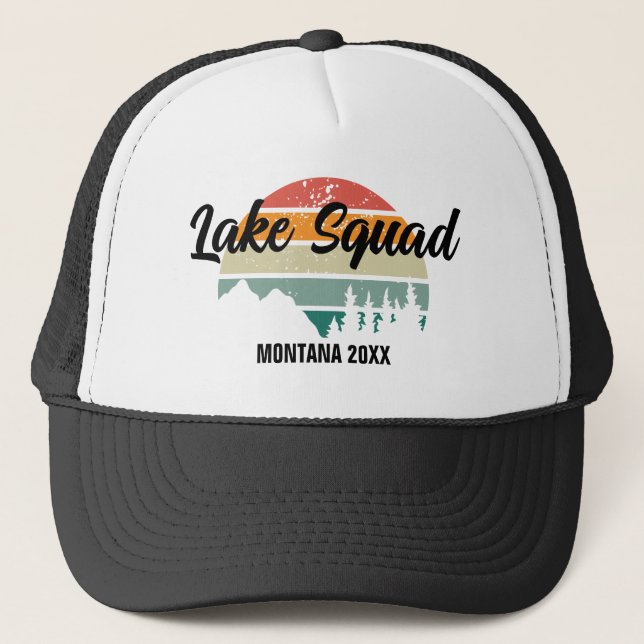 Retro Sunset Lake Squad Family Reunion Summer Trip Trucker Hat (Front)