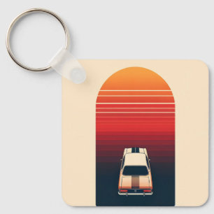 Retro Sunset Minimalist Vintage Car Road Trip Keychain