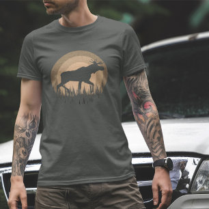 Retro Sunset Moose Silhouette Nature Peach Grey T-Shirt