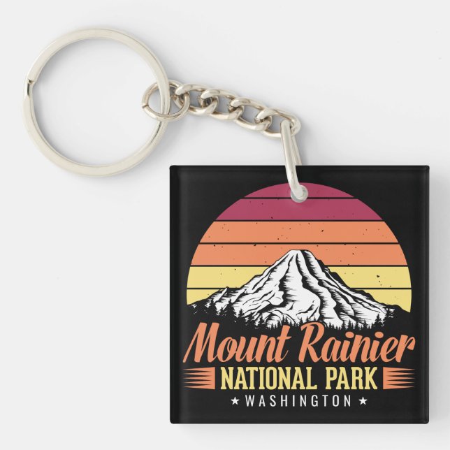 Retro Sunset Mount Rainier Washington Illustration Keychain (Front)