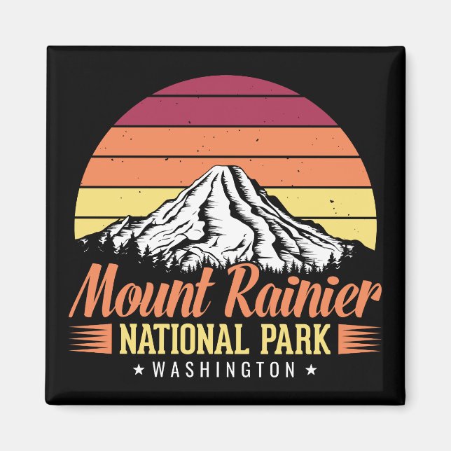 Retro Sunset Mount Rainier Washington Illustration Magnet (Front)