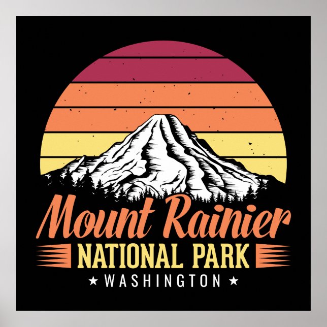 Retro Sunset Mount Rainier Washington Illustration Poster (Front)