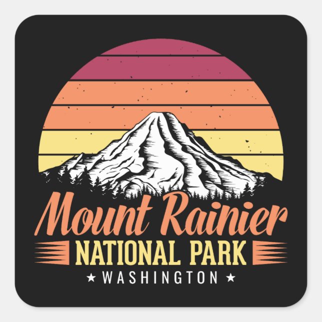 Retro Sunset Mount Rainier Washington Illustration Square Sticker (Front)