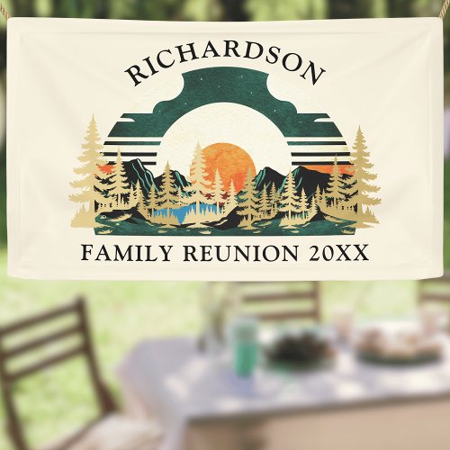 Retro Sunset Mountain Forest Rustic Family Reunion Banner