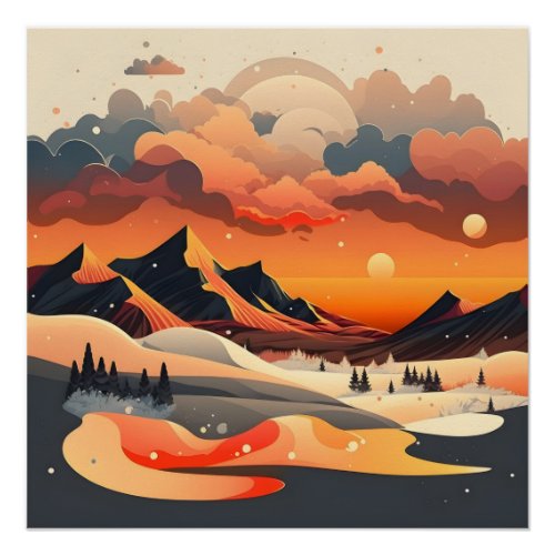 Retro Sunset Mountain Landscape Poster