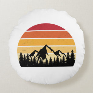 Retro Sunset Mountain Landscape   Vintage Nature  Round Pillow
