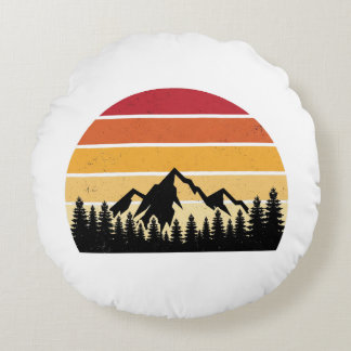 Retro Sunset Mountain Landscape | Vintage Nature  Round Pillow