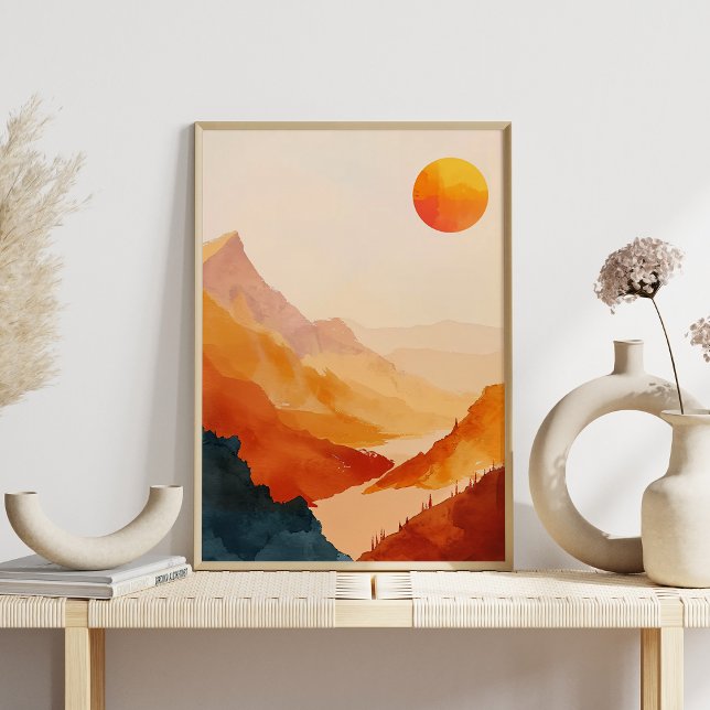 Retro Sunset Mountain Landscape Watercolor Poster (Creator Uploaded)