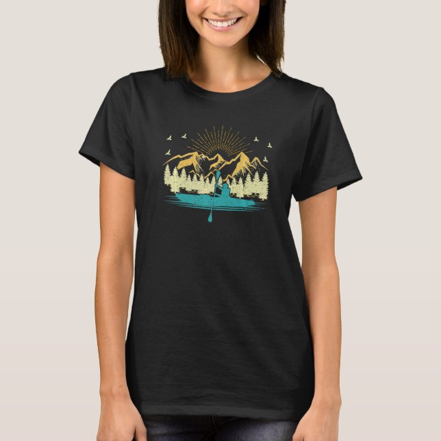 Retro Sunset Mountain River Lake Kayak Fishing Kay T-Shirt (Front)