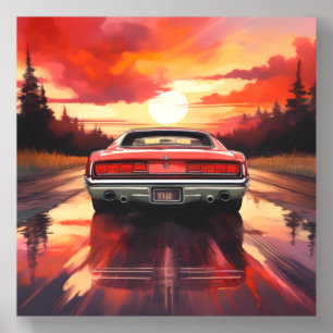 Retro Sunset Muscle Car Reflection Acrylic Photo Tile