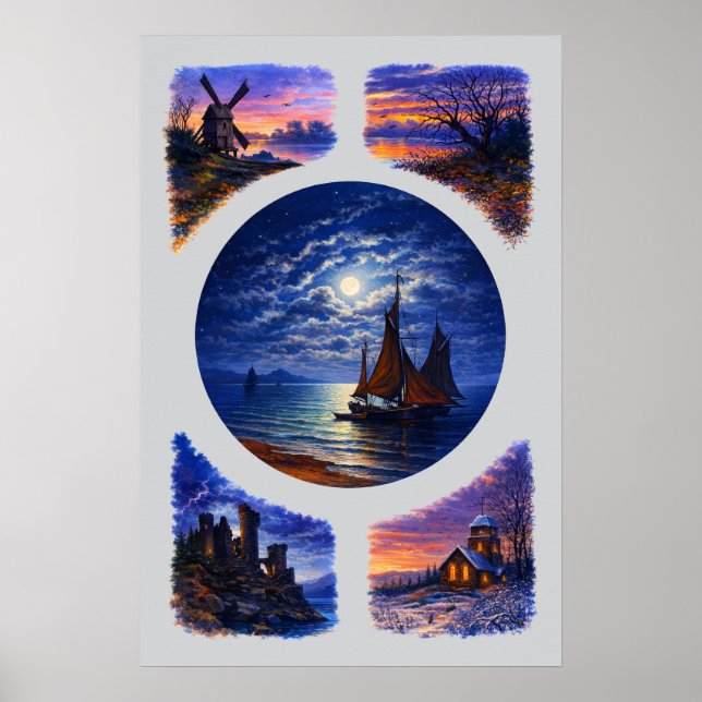 Retro Sunset & Night Landscape Vignettes Poster (Front)