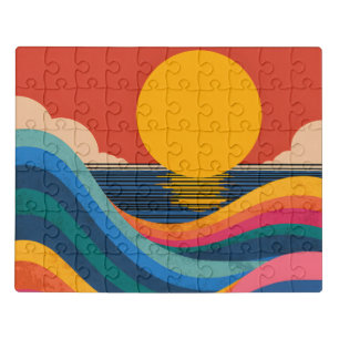 Retro Sunset Ocean Waves Abstract Bauhaus Puzzle 