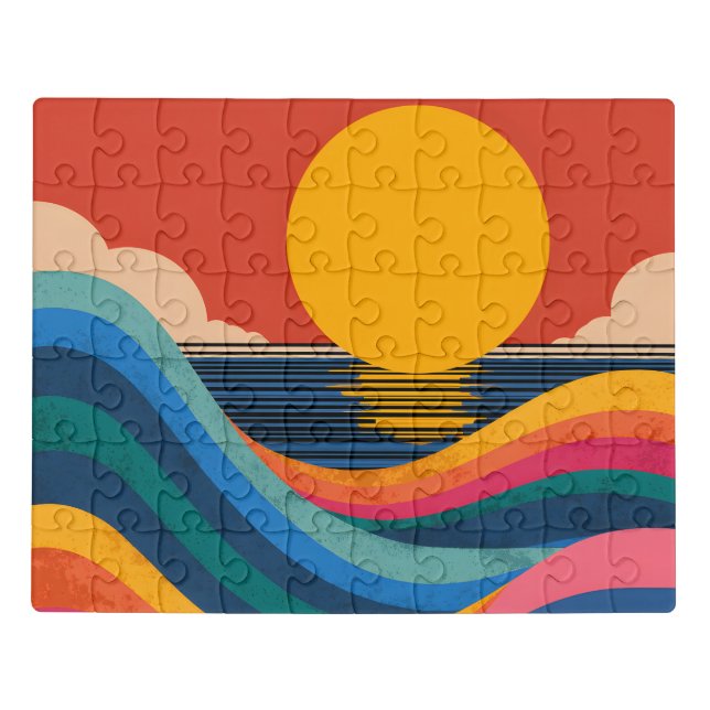 Retro Sunset Ocean Waves Abstract Bauhaus Puzzle  (Puzzle Horizontal)