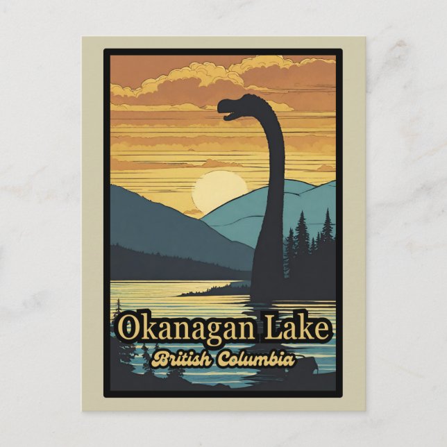 Retro sunset Ogopogo the Okanagan Lake Monster 70s Postcard (Front)