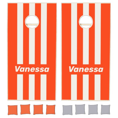 Retro Sunset Orange Three Pin Striped with Name Cornhole Set