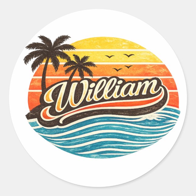 Retro Sunset Palm Tree Name Art – William Classic Round Sticker (Front)