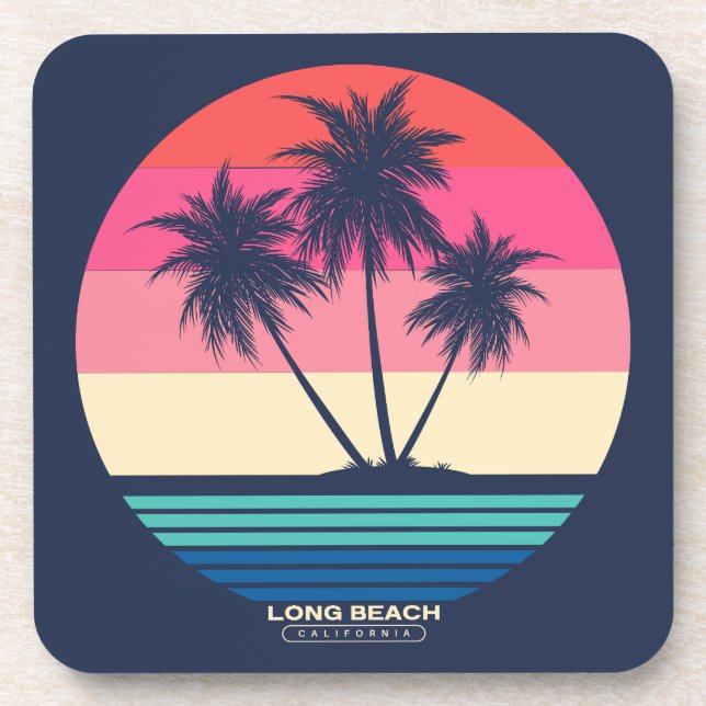 Retro Sunset Palm Trees Long Beach Beverage Coaster (Front)