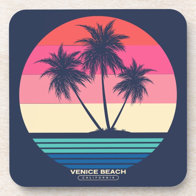 Retro Sunset Palm Trees Venice Beach Beverage Coaster (Front)