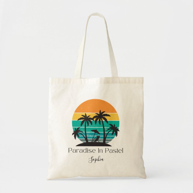 Retro Sunset "Paradise in Pastel" Summer Vacation Tote Bag (Front)