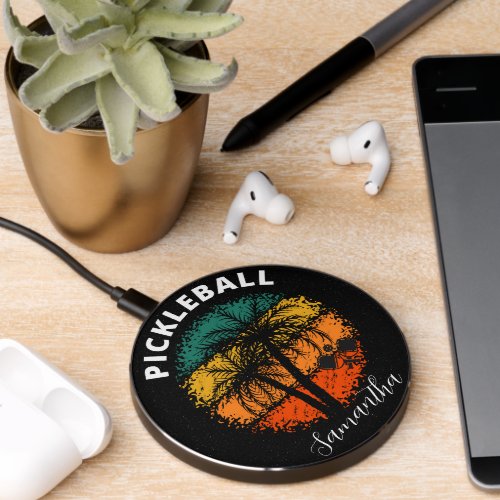 Retro Sunset Pickleball  Grungy Palm Trees Wireless Charger