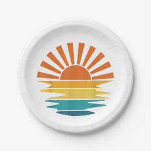 Retro Sunset Rays Wavy Vintage Retro Sunshine Sun Paper Plates