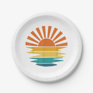Retro Sunset Rays Wavy Vintage Retro Sunshine Sun Paper Plates