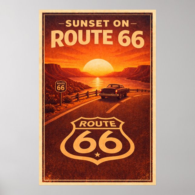 Retro Sunset Route 66 Vintage Travel Painting Poster (Front)