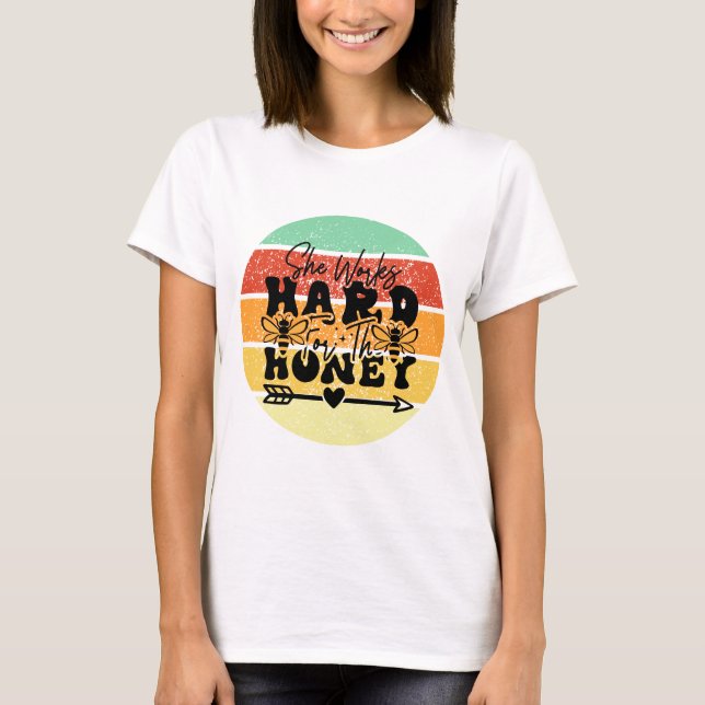 Retro Sunset She Works Hard For The Honey T-Shirt (Front)