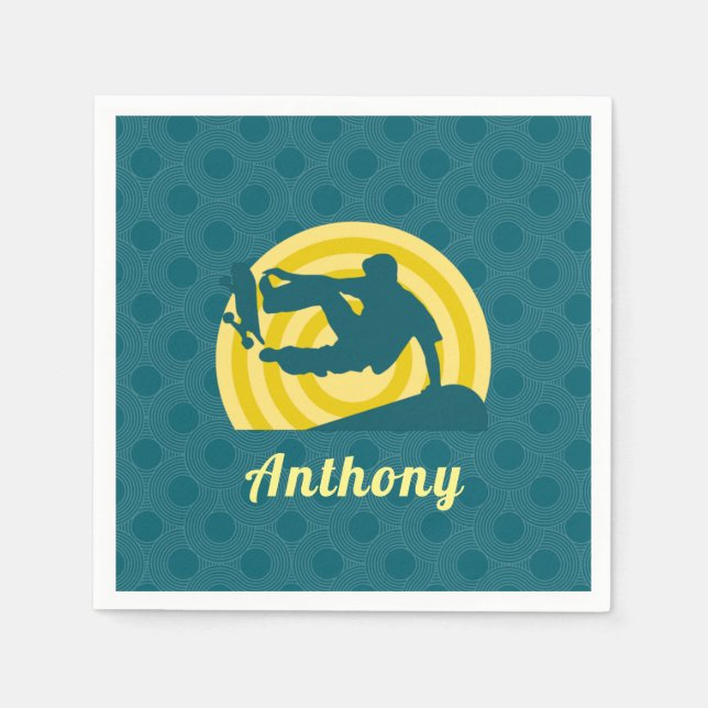 Retro Sunset Skateboarding Theme Custom Name Party Napkins (Front)