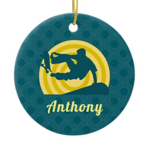Retro Sunset Skateboarding Theme Custom Name Teal  Ceramic Ornament