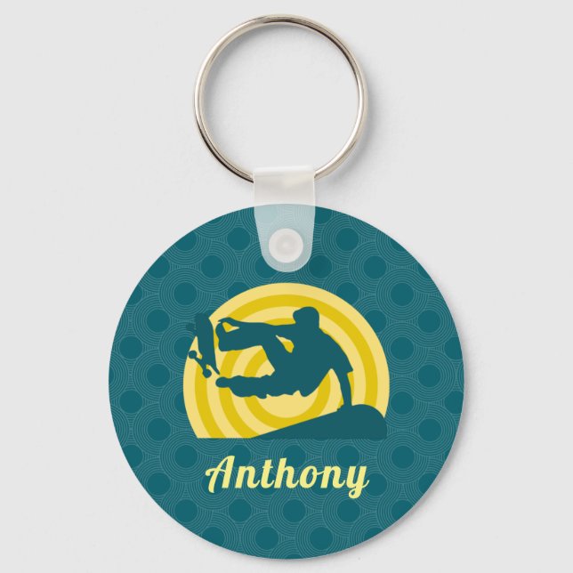 Retro Sunset Skateboarding Theme Custom Name Teal  Keychain (Front)