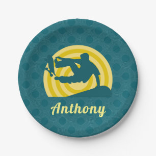 Retro Sunset Skateboarding Theme Custom Name Teal Paper Plates