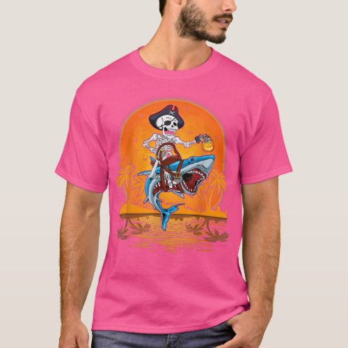 Retro Sunset Skeleton Pirate Riding Shark Hallowee T_Shirt