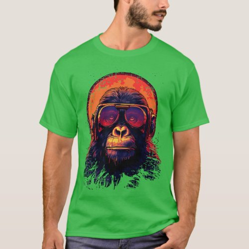 Retro Sunset Spaceman Chimpanzee AI Generated Art T_Shirt