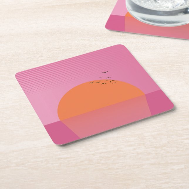 Retro Sunset Square Paper Coaster (Angled)