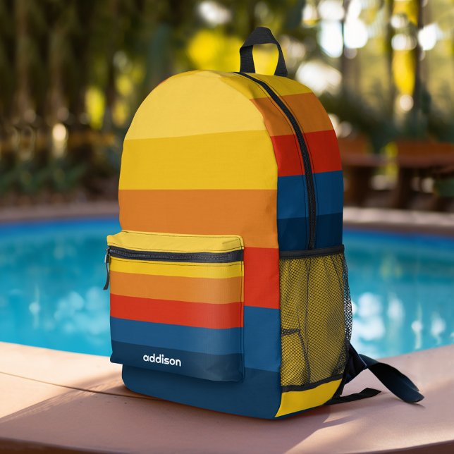 Retro Sunset Stripes with Simple Sans Serif Name Printed Backpack (Personalized Backpack with Retro Stripes and Custom Name)