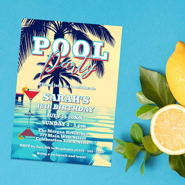 Retro Sunset Summer Pool Party Sweet 16 Birthday Invitation (Creator Uploaded)