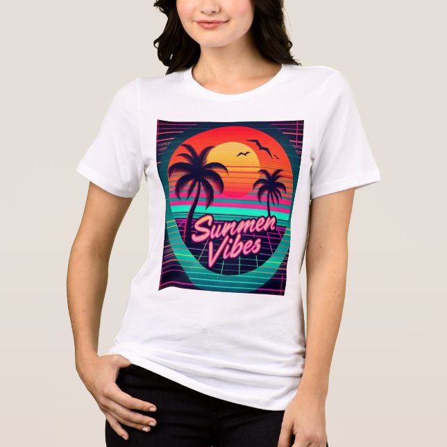 Retro Sunset 'Summer Vibes' 80s Aesthetic T-Shirt Tri-Blend Shirt (Front)