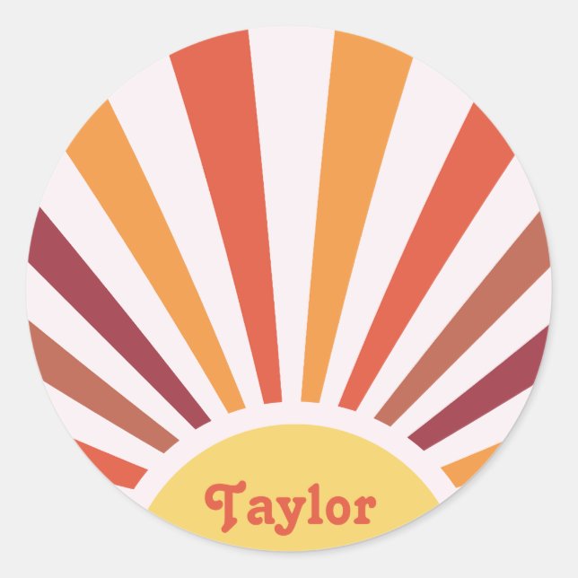 Retro Sunset Sun Rays Personalized Name Classic Round Sticker (Front)