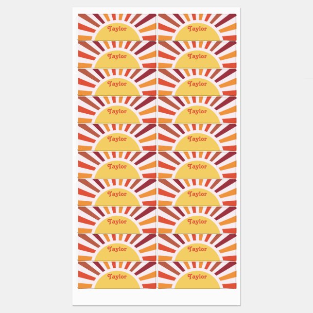 Retro Sunset Sun Rays Personalized Name Labels (Sheet)