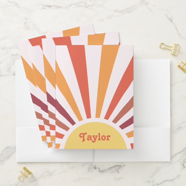 Retro Sunset Sun Rays Personalized Name Pocket Folder (In Situ)