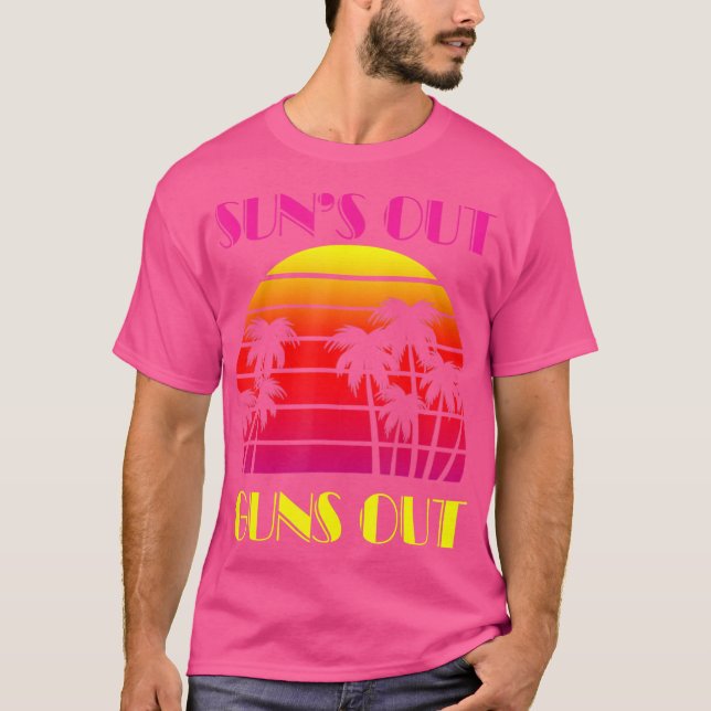 Retro Sunset Suns Out Guns Out Palm Beach 1980S Fa T-Shirt (Front)