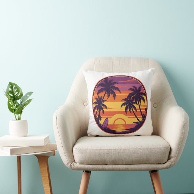 Retro Sunset & Surf Vibes Throw Pillow (Chair)