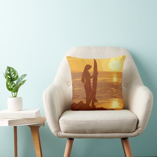 Retro Sunset Surfer Girl Throw Pillow (Chair)