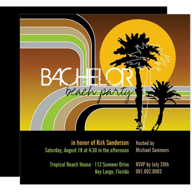 Retro Sunset Tropical Palm Tree Bachelor Party Invitation
