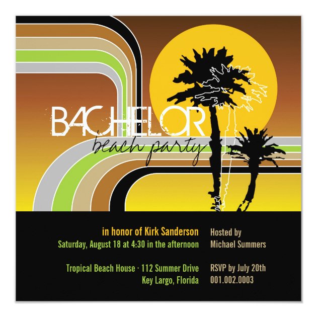 Retro Sunset Tropical Palm Tree Bachelor Party Invitation