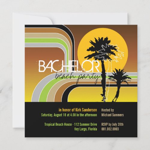 Retro Sunset Tropical Palm Tree Bachelor Party Personalized Invite
